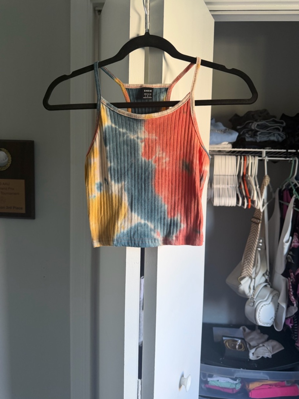 SHEIN Ribbed Tie-Dye Crop Tank Top - Yellow Blue Pink
